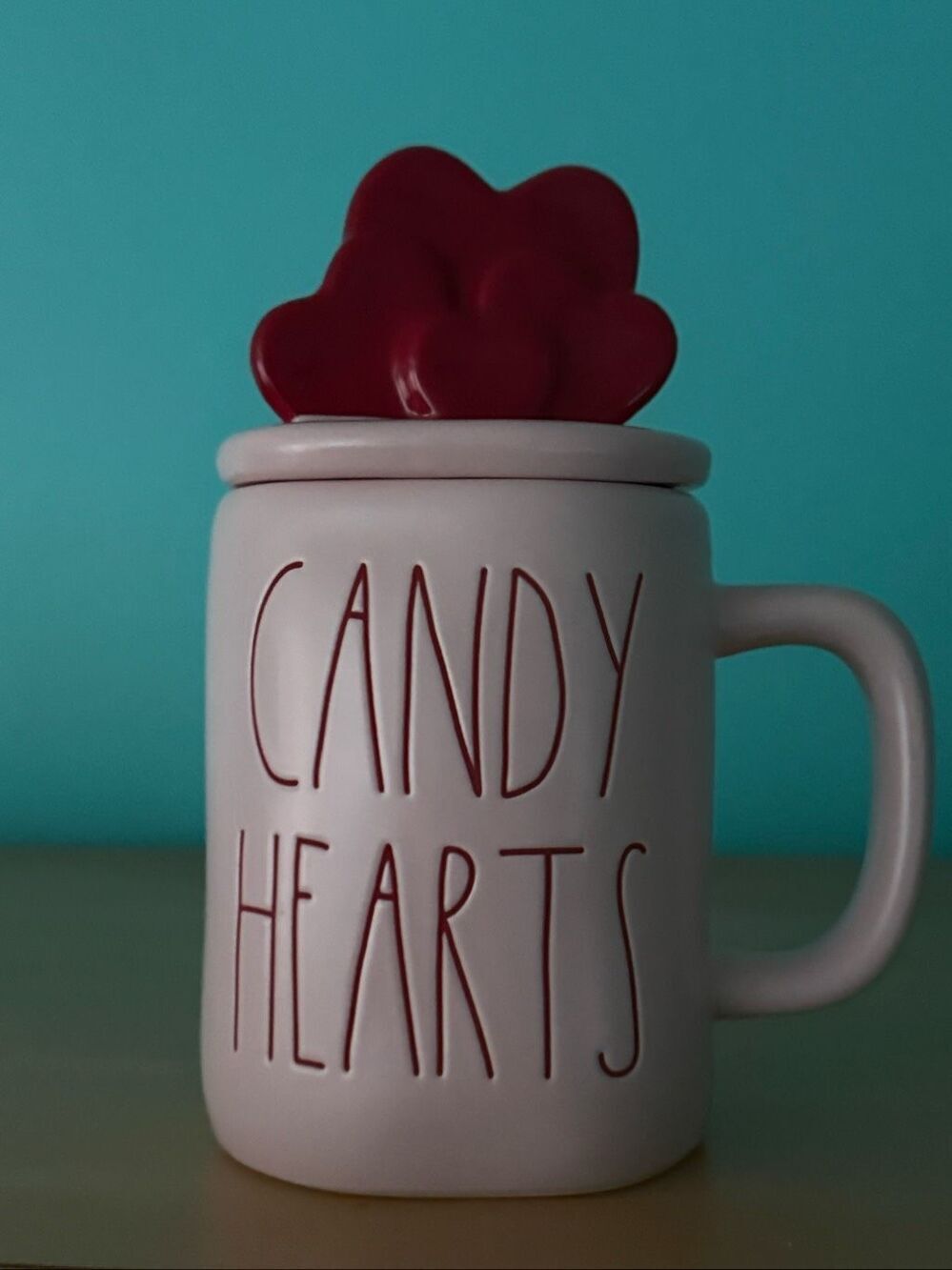 Rae Dunn CANDY HEARTS Mug with HEART Topper PINK - Ceramic